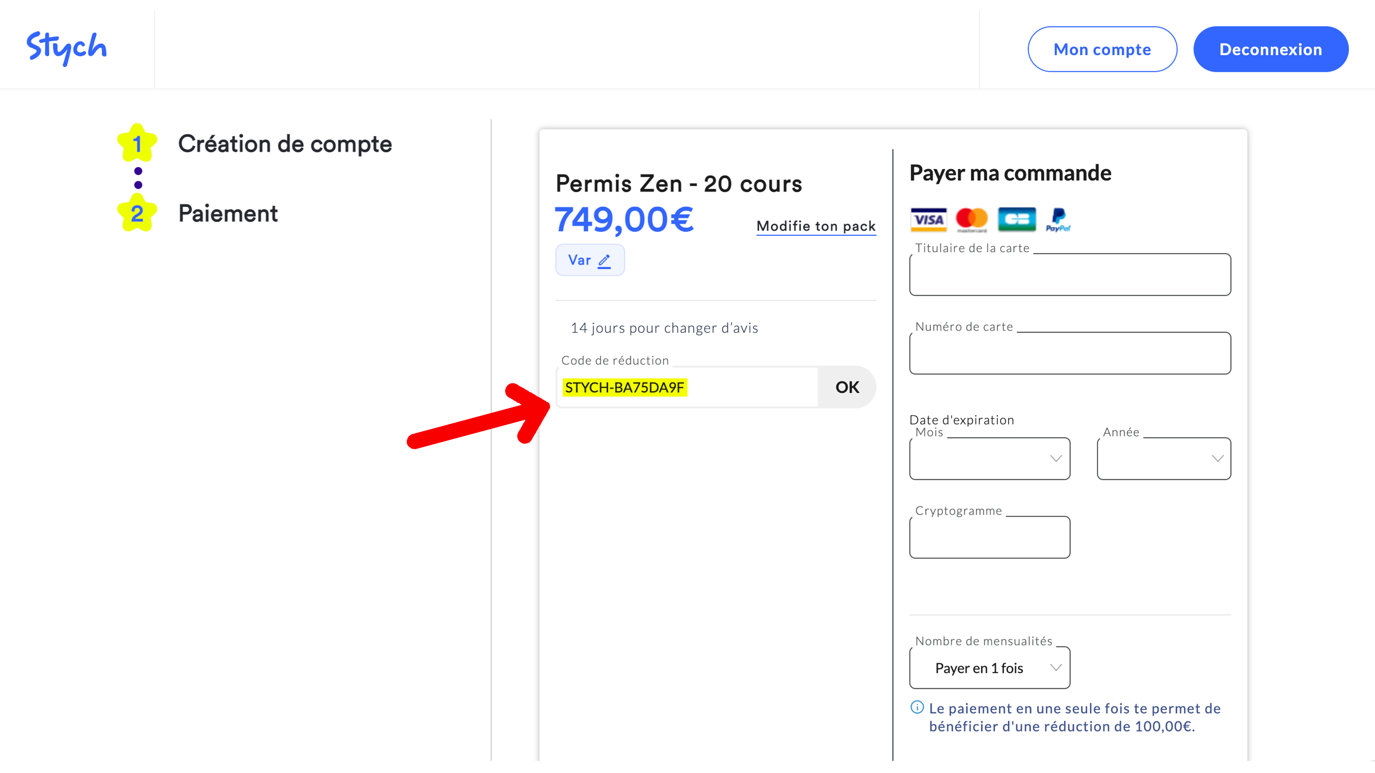 Champ Code de réduction dans le panier Stych pour valider la remise de 40 euros